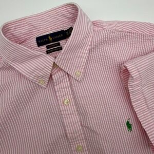 Ralph Lauren Mens XL Seersucker Shirt Pink White Short Sleeve Logo Untucked Fit